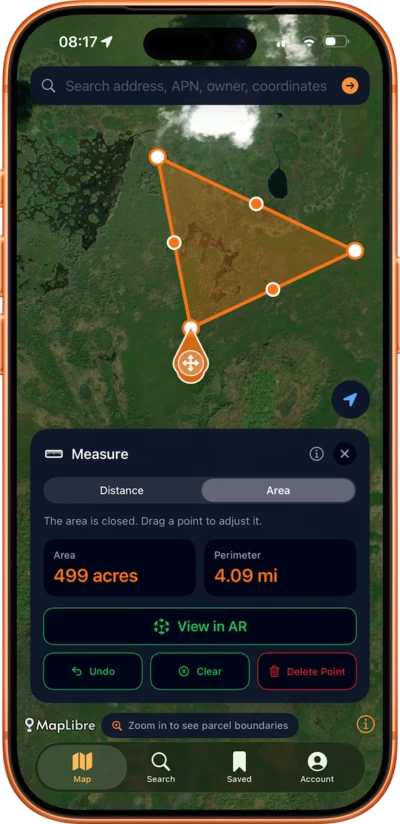AcreBound measurement tool showing polygon drawn on satellite map with 499 acres result